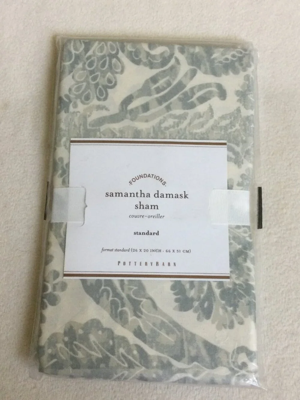 NEW Pottery Barn Foundations Samantha Damask Standard pillow sham Grey Cream